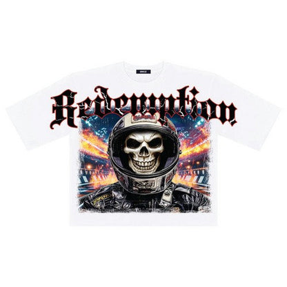 Redemption Skull Oversized Cut-Off Graphic Tee in White