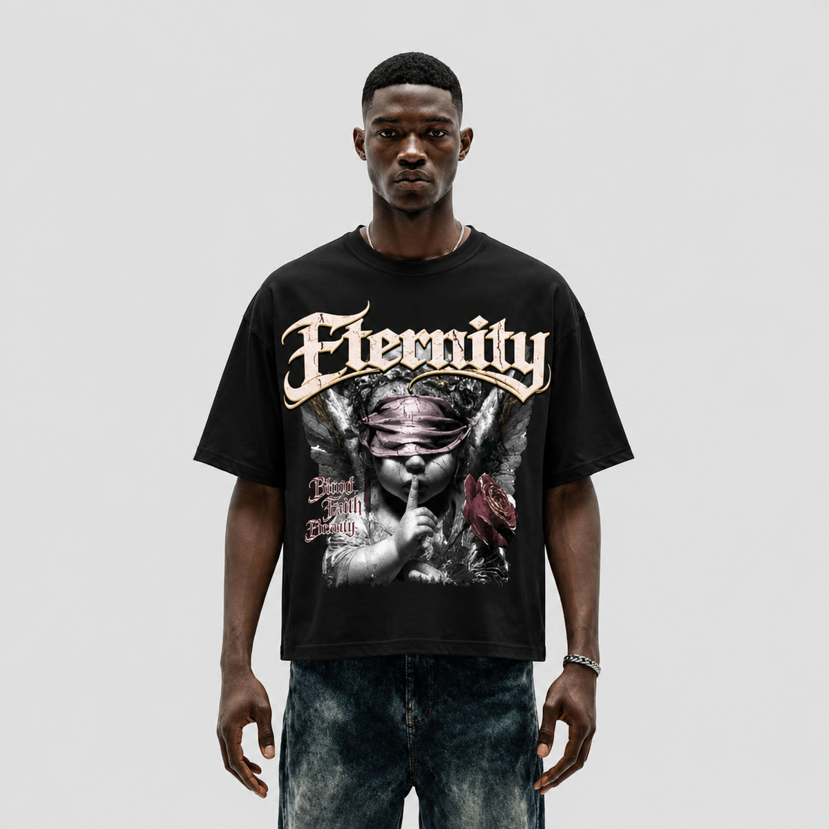 Eternity Oversized Cut-Off Graphic Tee in Black