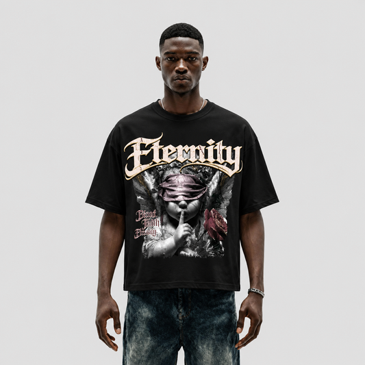 Eternity Oversized Cut-Off Graphic Tee in Black