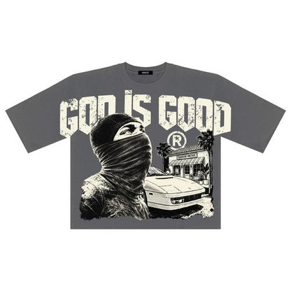 God Is Good Oversized Cut-Off Graphic Tee in Grey