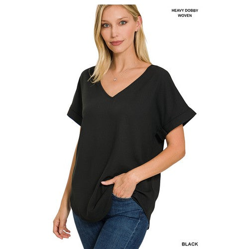 QT-3501AB V-Neck Roll Sleeve Blouse Black