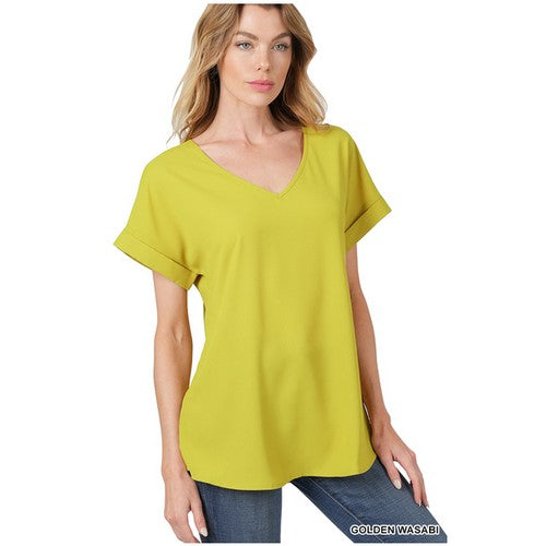 QT-3501AB V-Neck Roll Sleeve Blouse Golden Wasabi