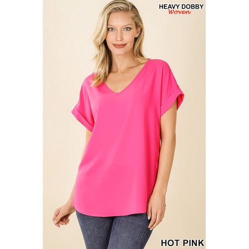 QT-3501AB V-Neck Roll Sleeve Blouse Hot Pink