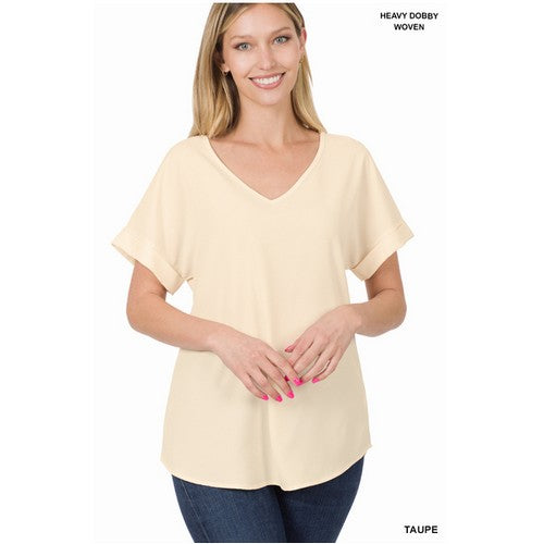 QT-3501AB V-Neck Roll Sleeve Blouse Taupe