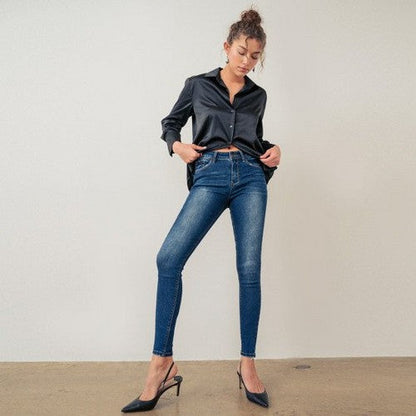 Wax Jean Skinny Jeans With Side Tacks in Dark Denim