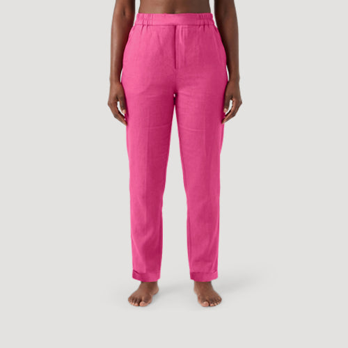 Benetton 100% Linen Slim Fit Turn-Up Capri Pants in Fuchsia