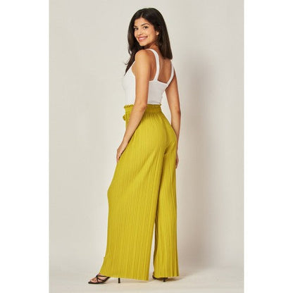 Pleated Belted Palazzo Pants in Cyber Lime