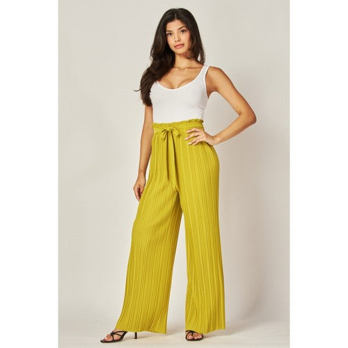 Pleated Belted Palazzo Pants in Cyber Lime