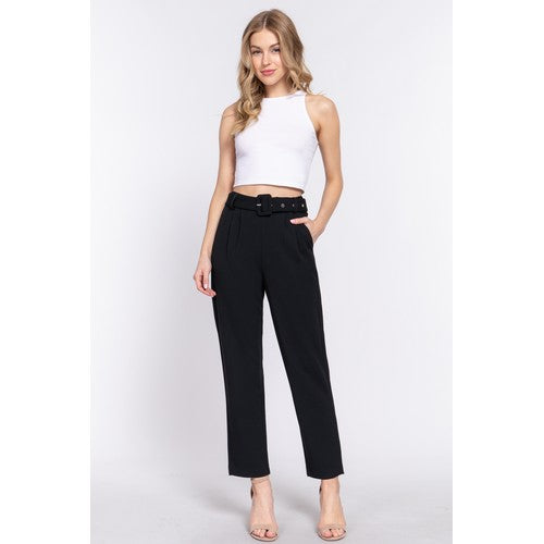 P13477V Belted Straight Leg Pants Black