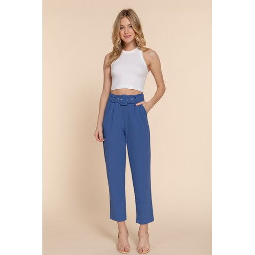 P13477V Belted Straight Leg Pants Blue