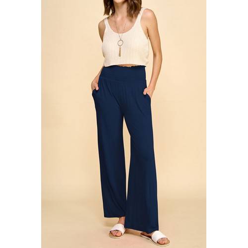 WB2389 High Waist Stretch Jersey Palazoo Pants  Navy