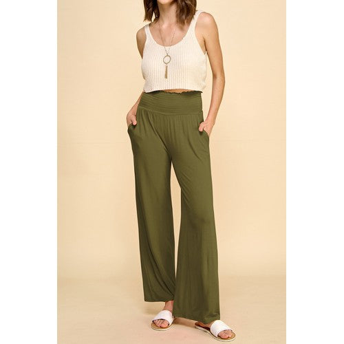 WB2389 High Waist Stretch Jersey Palazoo Pants  Olive