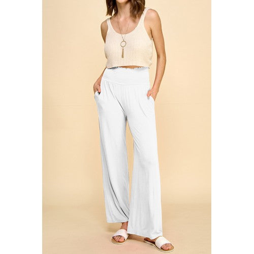 WB2389 High Waist Stretch Jersey Palazoo Pants  White