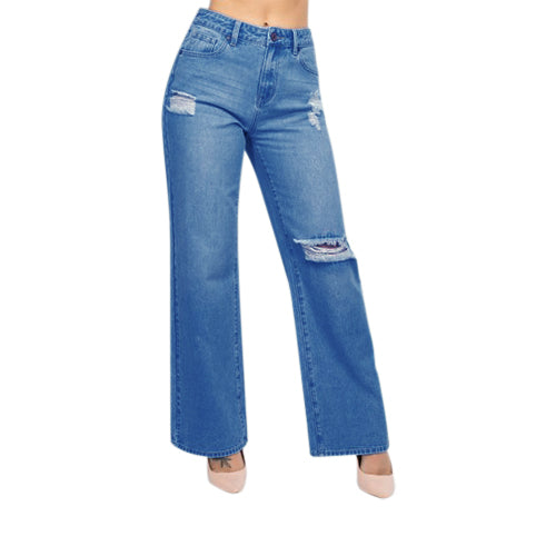Denim BLVD Destructed Mom Jeans in Medium Denim