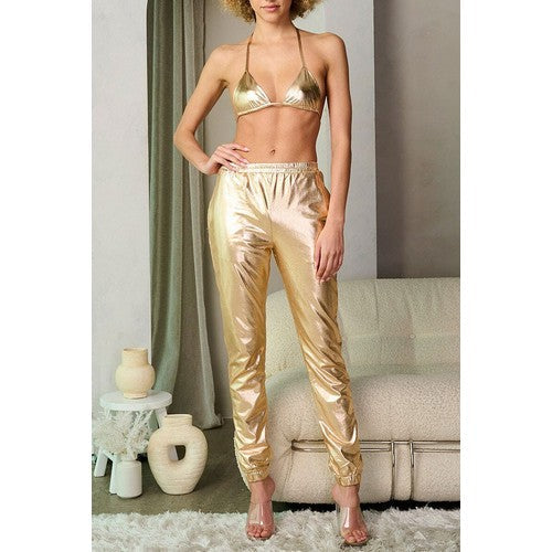 Metallic Bralet & Jogger Set in Gold