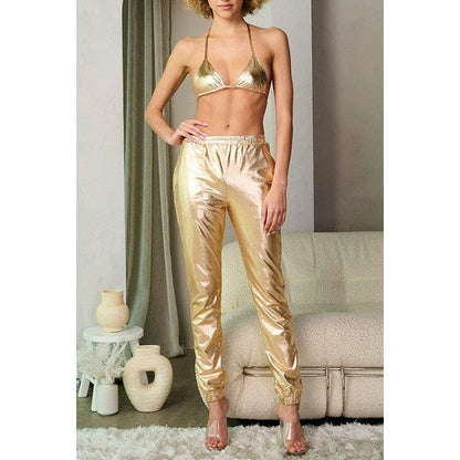 Metallic Bralet & Jogger Set in Gold