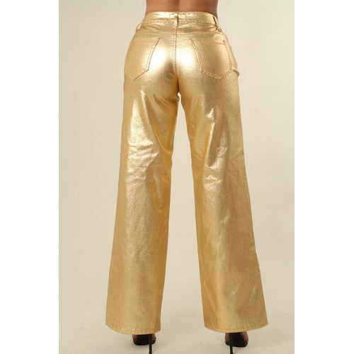 Metallic Coated Wide Leg Pants