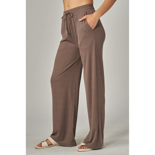 Rib Wide Leg Jogger Pants in Coffee Bean