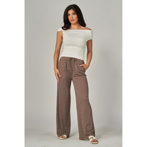 Rib Wide Leg Jogger Pants in Coffee Bean