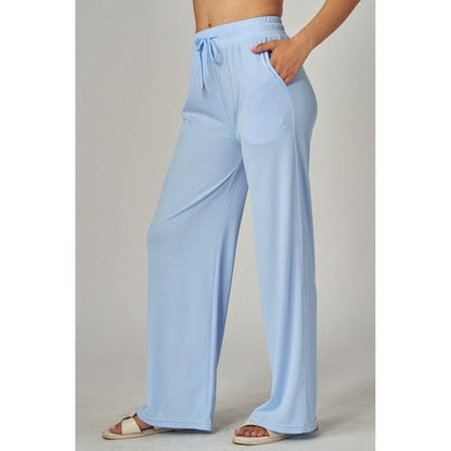 Rib Wide Leg Jogger Pants in Chambray Blue