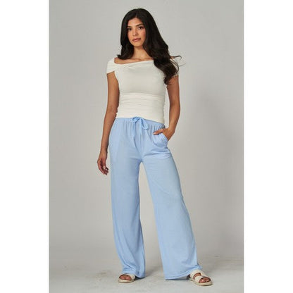 Rib Wide Leg Jogger Pants in Chambray Blue
