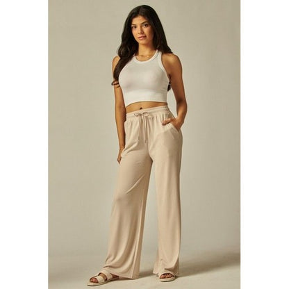 Rib Wide Leg Jogger Pants in Milk Tea