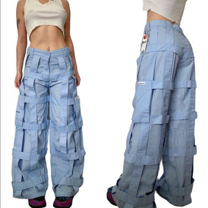 Criminal Damage Lattice wide Leg Cargo Pants in Blue