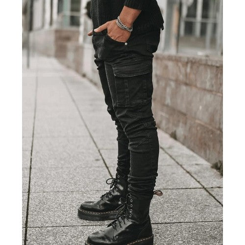 Multi Pocket Cargo Skinny Jeans in Black