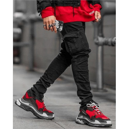 RTH336 Multi Pocket Cargo Skinny Jeans in Black