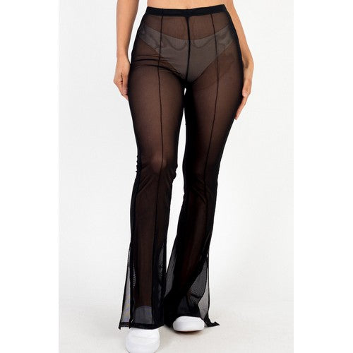 Mesh Side Slit Cover-Up Flare Pants in Black