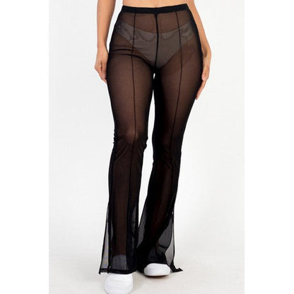 Mesh Side Slit Cover-Up Flare Pants in Black