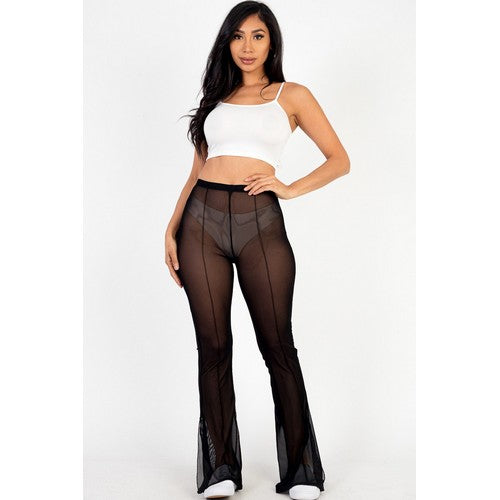 BP3858-C1025 Mesh Side Slit Cover-Up Flare Pants in Black