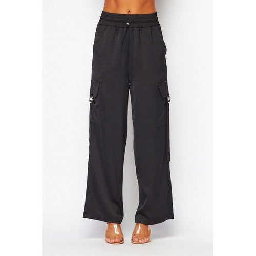 Satin Drawstring Cargo Pants in Black