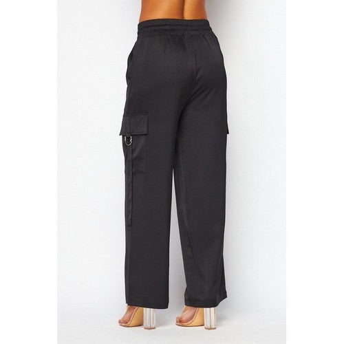 Satin Drawstring Cargo Pants in Black