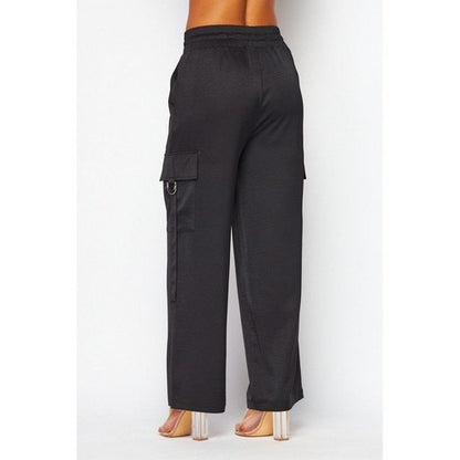 Satin Drawstring Cargo Pants in Black
