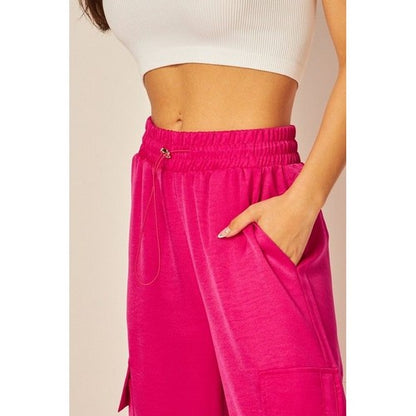 Satin Drawstring Cargo Pants in Very Fuchsia