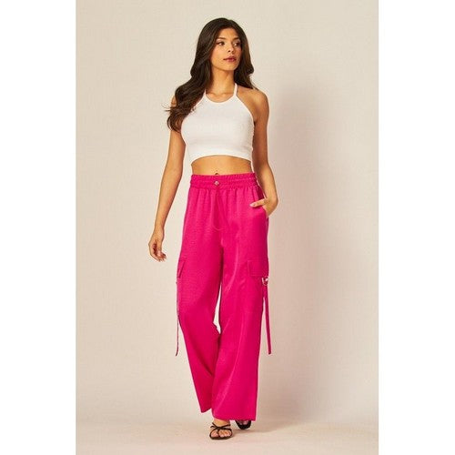 Satin Drawstring Cargo Pants in Very Fuchsia