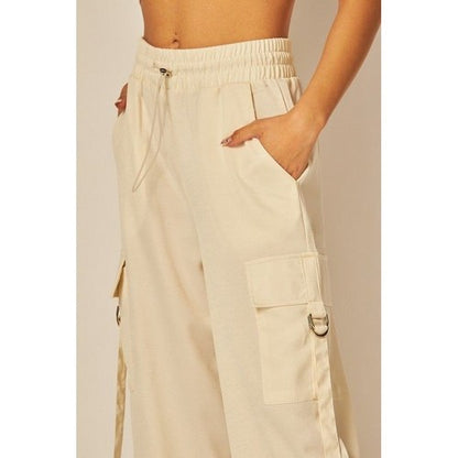 Satin Drawstring Cargo Pants in Ivory