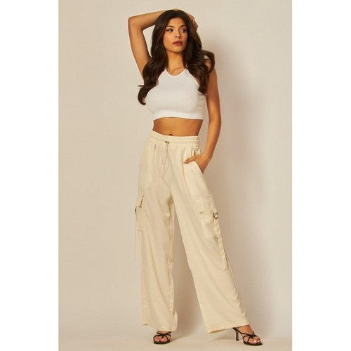Satin Drawstring Cargo Pants in Ivory