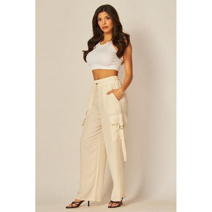 Satin Drawstring Cargo Pants in Ivory