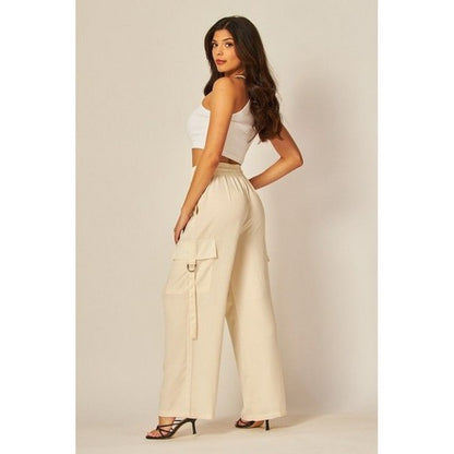 Satin Drawstring Cargo Pants in Ivory