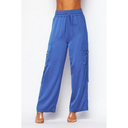 Satin Drawstring Cargo Pants in Royal Blue