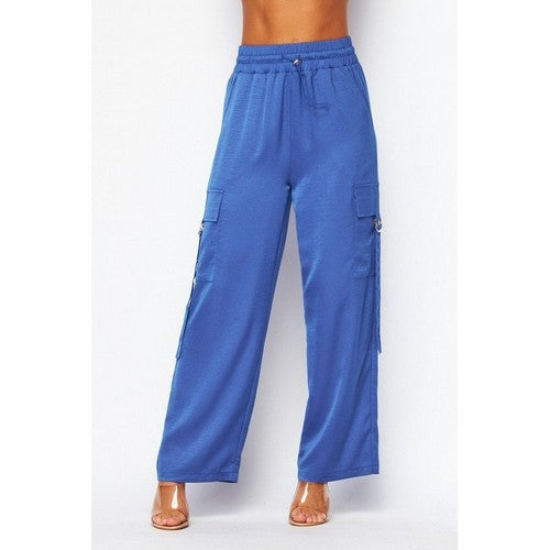 Satin Drawstring Cargo Pants in Royal Blue
