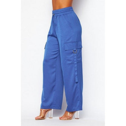 Satin Drawstring Cargo Pants in Royal Blue