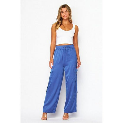 Satin Drawstring Cargo Pants in Royal Blue