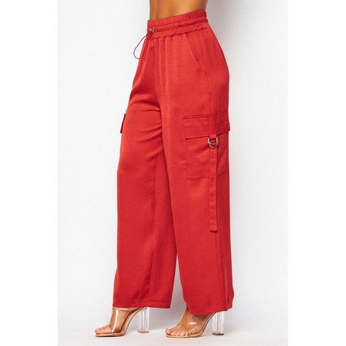 Satin Drawstring Cargo Pants in Scarlet Red