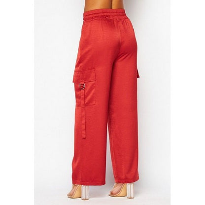 Satin Drawstring Cargo Pants in Scarlet Red