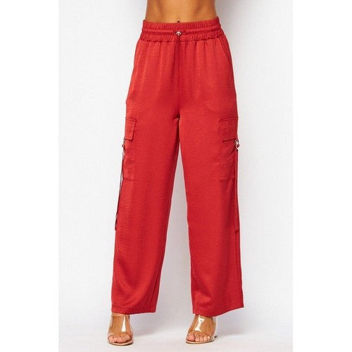 Satin Drawstring Cargo Pants in Scarlet Red