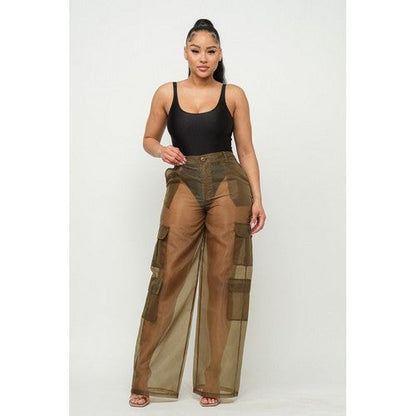 Organza Wide Leg Cargo Pants in Olive