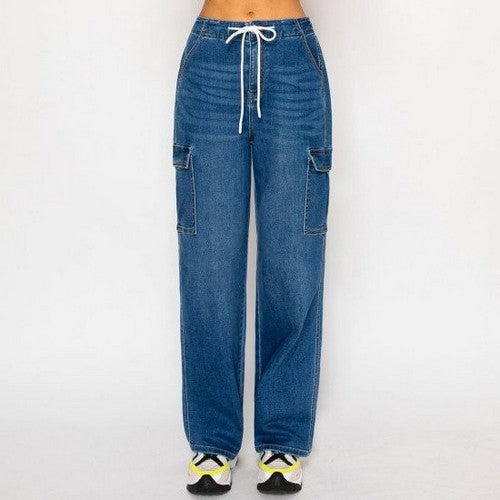 90378 Wax Jean Tie Waist Cargo Jeans in Light Denim